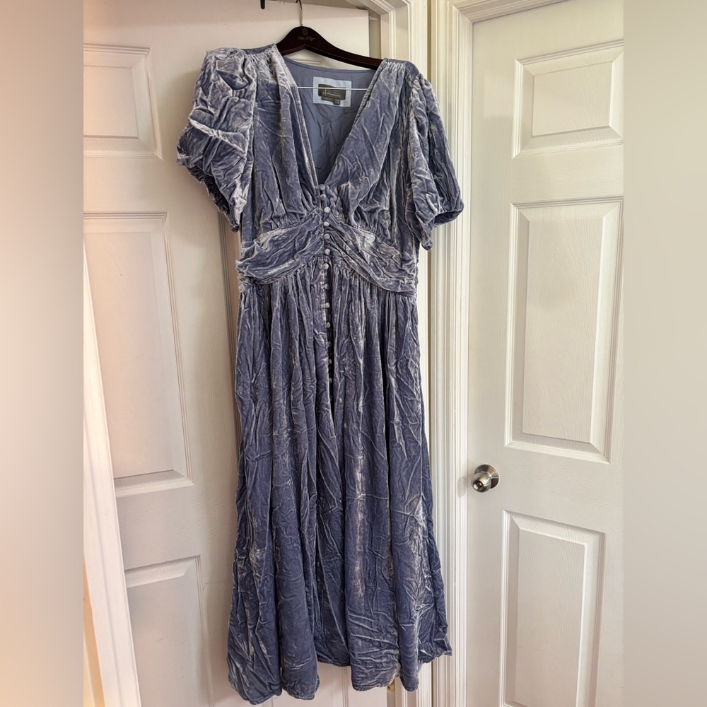 Anthropologie Silver Blue Maxi Sundress with Flutter Sleeves and V-Neck